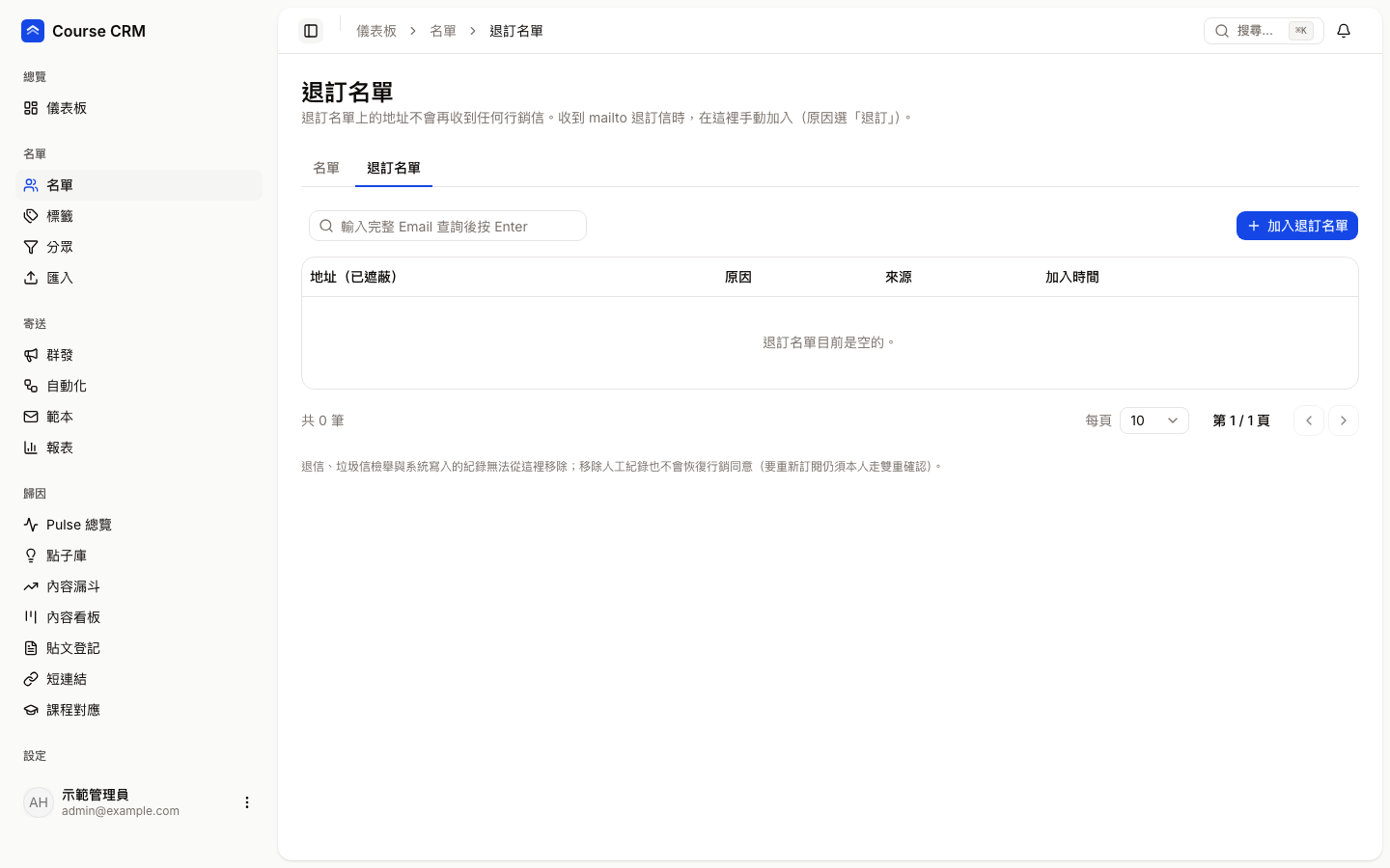 退訂名單頁：地址遮罩、原因、來源、加入時間