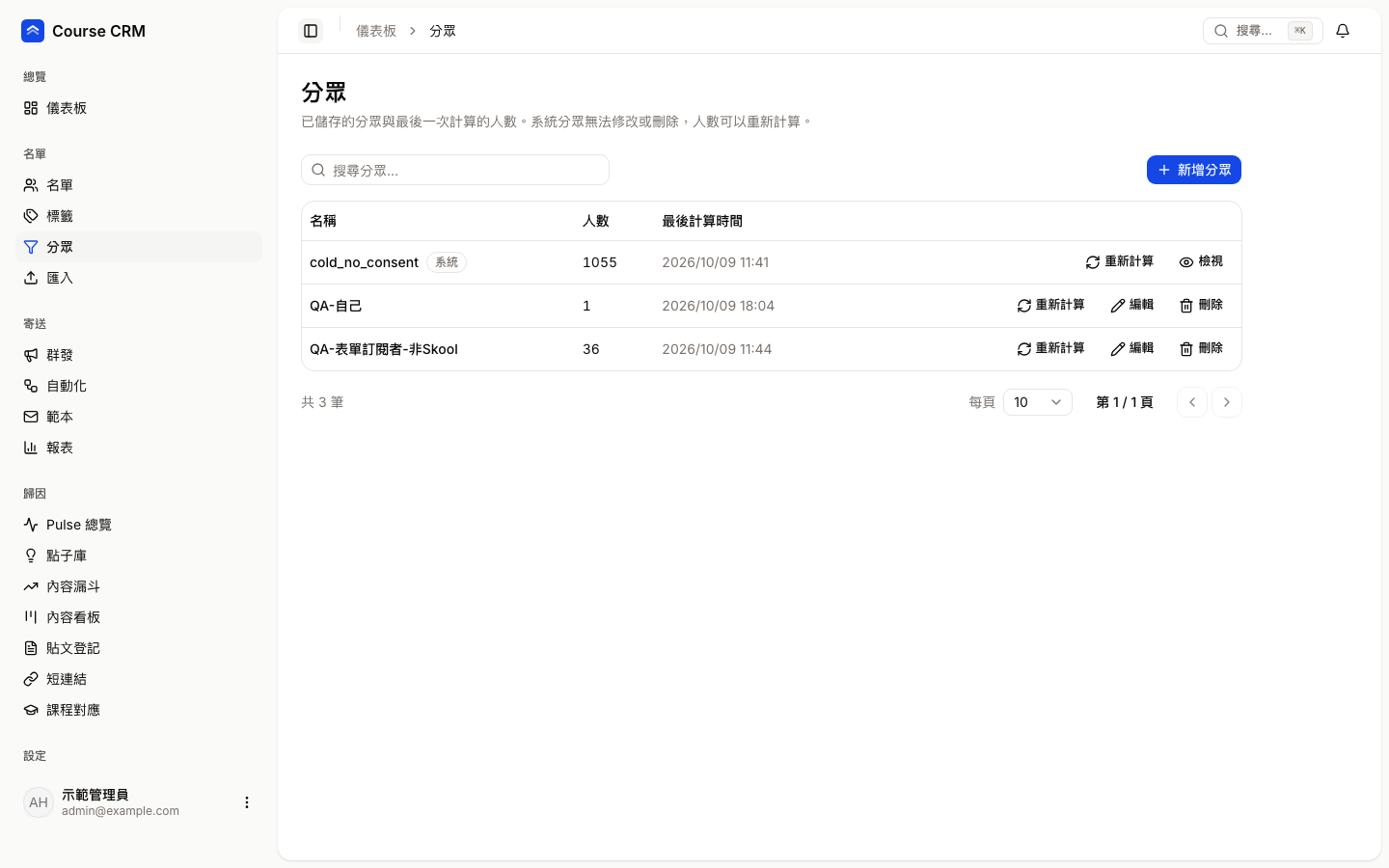 分眾頁：搜尋欄、新增分眾按鈕與分眾表格，含一個標為系統的分眾